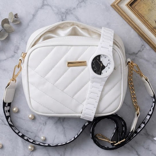 White Elegant Combo Gift Set – Quilted Crossbody Bag & Analog Watch for Women | Stylish Ladies Gift Pack