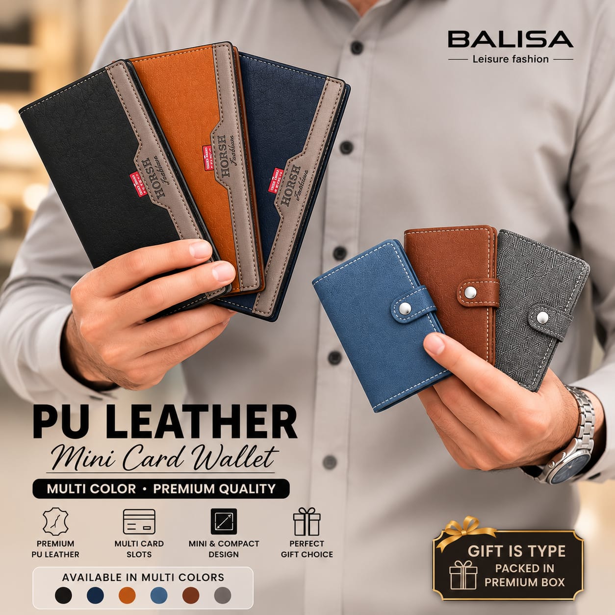 Horse Genuine PU Leather Long Wallet & BOSS Mini Wallet Combo Set With Balisi Gift Box