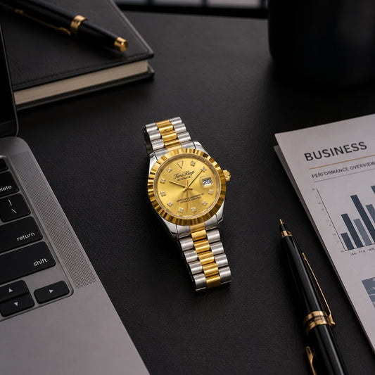 TimeKeep Two-Tone Gold Automatic Watch with Fluted Bezel