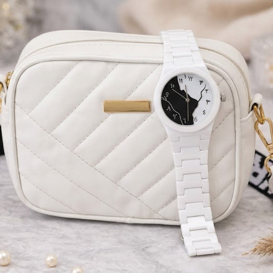 White Elegant Combo Gift Set – Quilted Crossbody Bag & Analog Watch for Women | Stylish Ladies Gift Pack