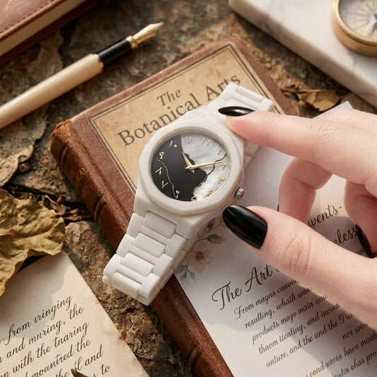 Kintsugi Arabic Map Watch Marble White Ceramic Watch with Arabic Numerals