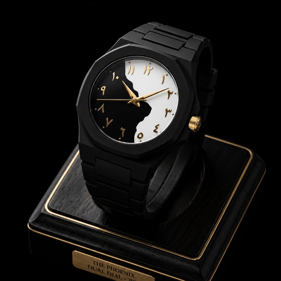 Arabic Black Aura Watch – Black Steel with Rose Gold Arabic Numerals