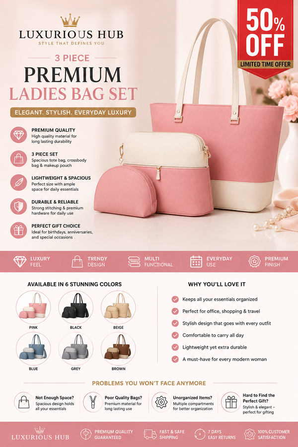Luxurious Hub™ Premium 3 Piece Ladies Handbag Set – Elegant Tote, Crossbody & Makeup Pouch | Available in 6 Stunning Colors