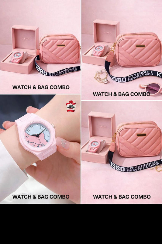 Luxury Pink Watch & Crossbody Bag Combo Set for Women – Premium 2 Piece Gift Set | Free Delivery