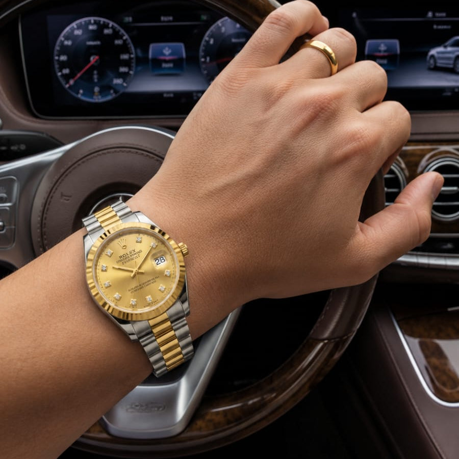 TimeKeep Two-Tone Gold Automatic Watch with Fluted Bezel