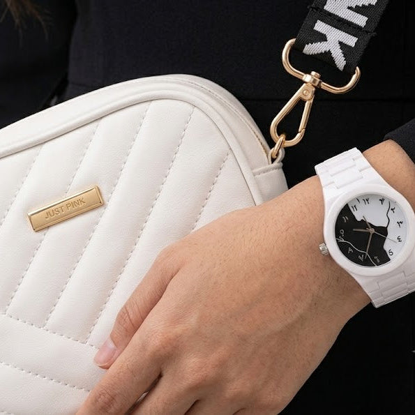 White Elegant Combo Gift Set – Quilted Crossbody Bag & Analog Watch for Women | Stylish Ladies Gift Pack