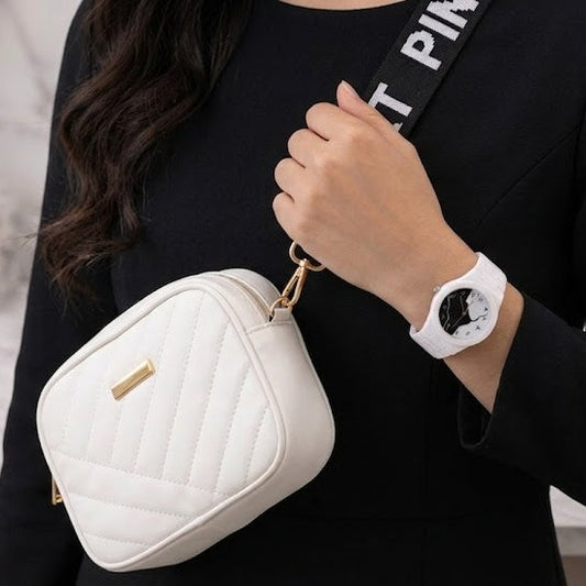 White Elegant Combo Gift Set – Quilted Crossbody Bag & Analog Watch for Women | Stylish Ladies Gift Pack
