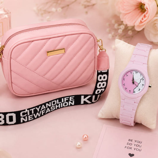 Pink Elegant Combo Gift Set – Quilted Crossbody Bag & Analog Watch for Women | Stylish Ladies Gift Pack