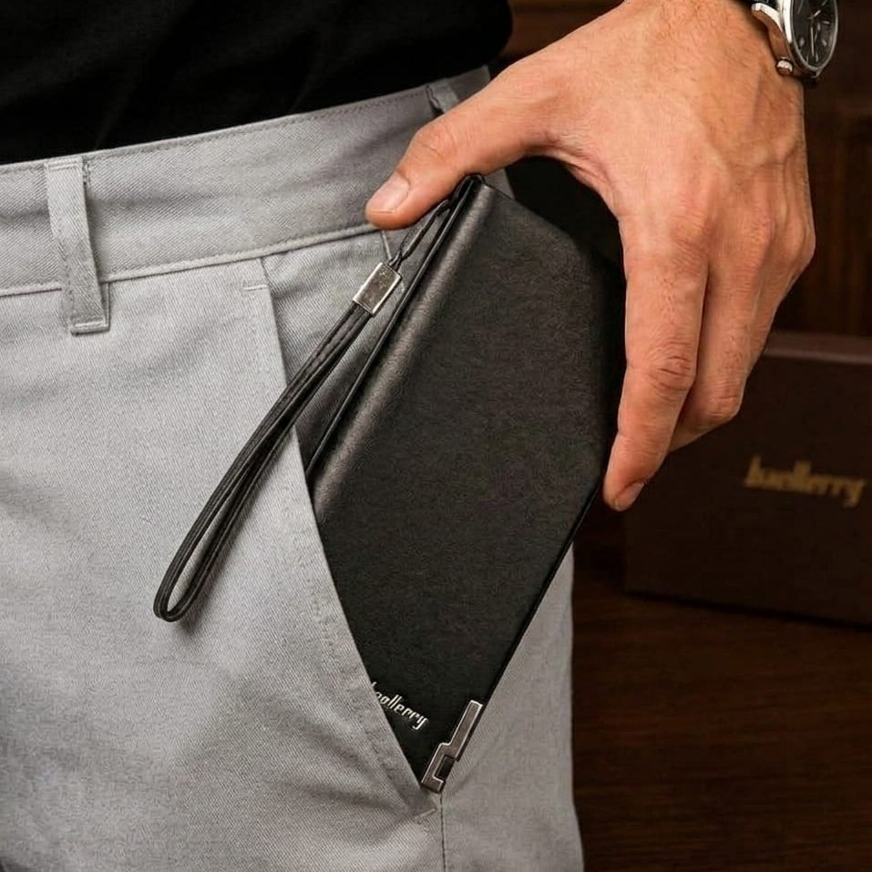 Baellerry Premium Leather Long Wallet for Men – Business Clutch Bag with Wrist Strap