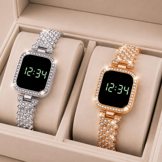 Diamond Digital LED Watch – Full Bling Rhinestone Bracelet Watch | Silver & Rose Gold