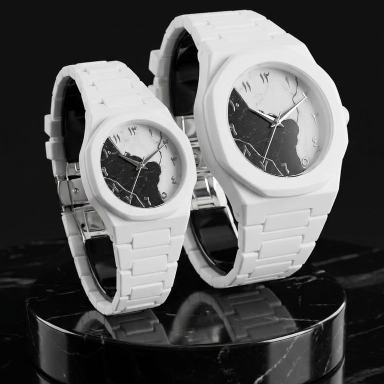 Arabic Map Couple Set Watch Matching White Ceramic His & Hers Watches with Arabic Numerals