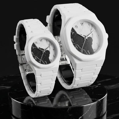 Arabic Map Couple Set Watch Matching White Ceramic His & Hers Watches with Arabic Numerals