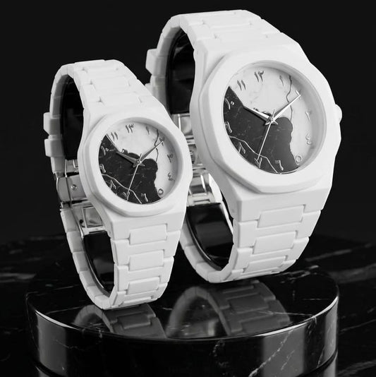 Arabic Map Couple Set Watch Matching White Ceramic His & Hers Watches with Arabic Numerals