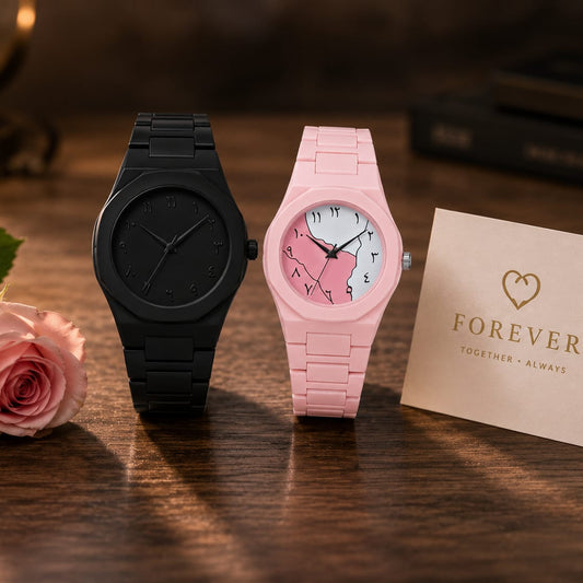 Forever Couple Set – Black & Pink His & Hers Watches with Arabic Numerals