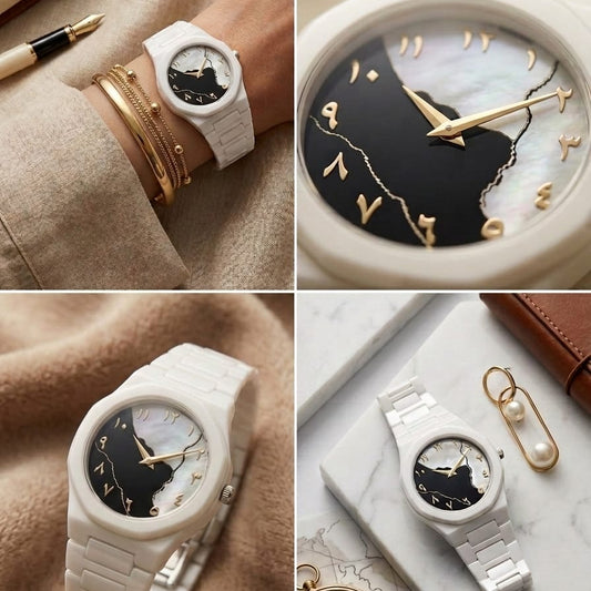 Kintsugi Arabic Map Watch Marble White Ceramic Watch with Arabic Numerals
