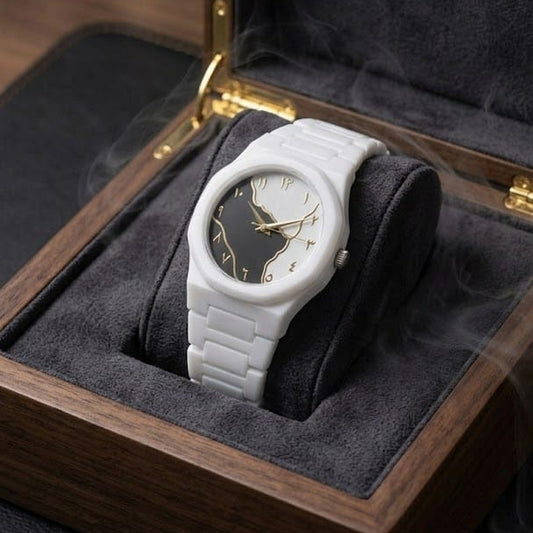 Aura Arabic Map Watch White Ceramic Watch with Gold Arabic Numerals