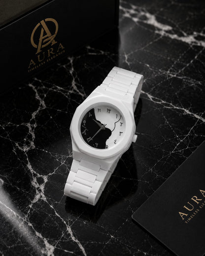 Arabic White Split Watch – White Ceramic Watch with Silver Arabic Numerals
