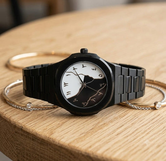 Black Aura Watch – Black Steel with Black & White Arabic Numeral Dial