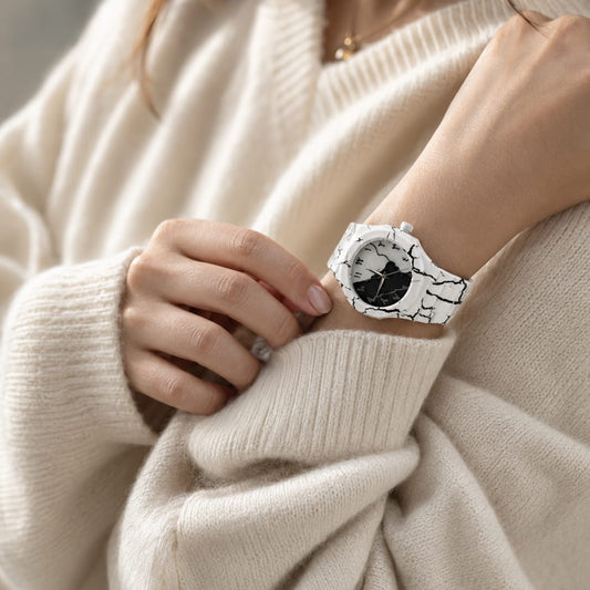 Arabic White Marble Luxury Watch – White Ceramic Crackle Watch with Arabic Numerals