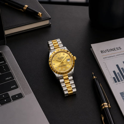 TimeKeep Two-Tone Gold Automatic Watch with Fluted Bezel
