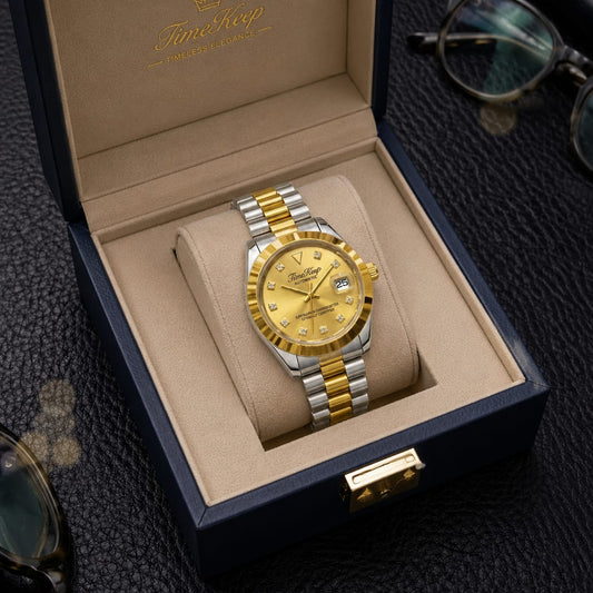 TimeKeep Two-Tone Gold Automatic Watch with Fluted Bezel