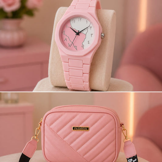 Pink Elegant Combo Gift Set – Quilted Crossbody Bag & Analog Watch for Women | Stylish Ladies Gift Pack