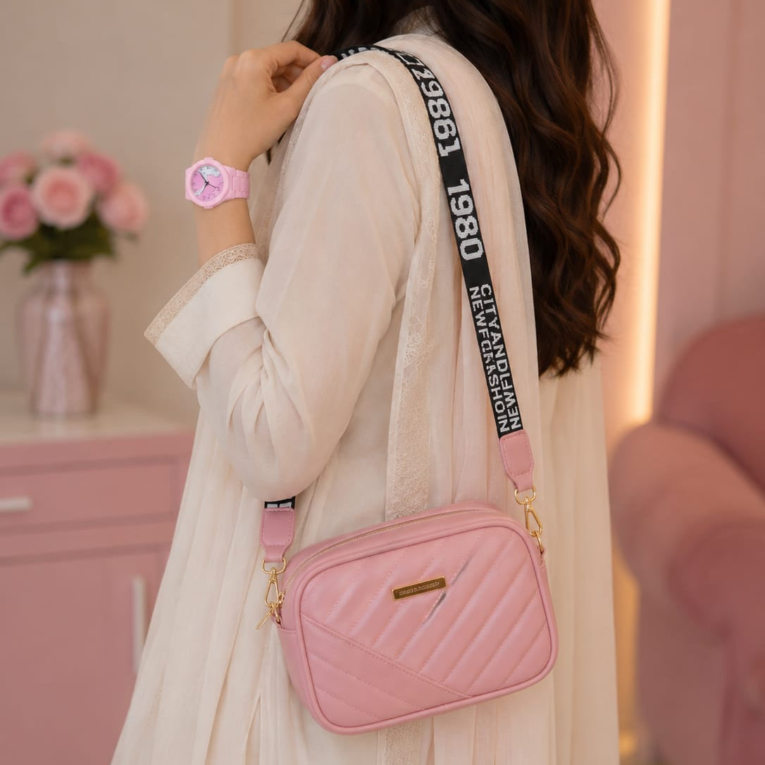 Pink Elegant Combo Gift Set – Quilted Crossbody Bag & Analog Watch for Women | Stylish Ladies Gift Pack
