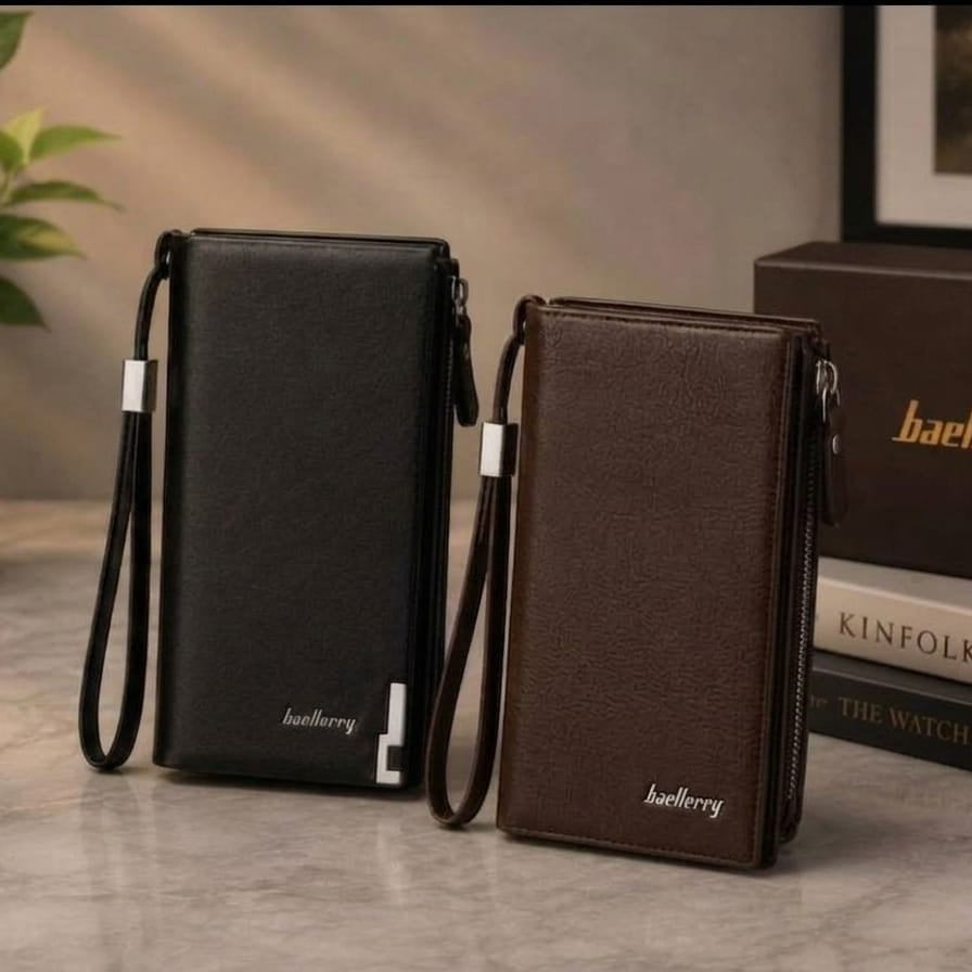 Baellerry Premium Leather Long Wallet for Men – Business Clutch Bag with Wrist Strap
