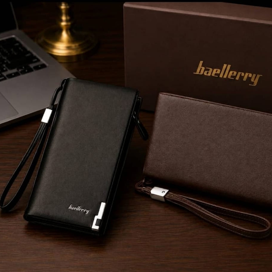 Baellerry Premium Leather Long Wallet for Men – Business Clutch Bag with Wrist Strap
