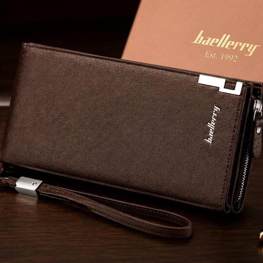 Baellerry Premium Leather Long Wallet for Men – Business Clutch Bag with Wrist Strap