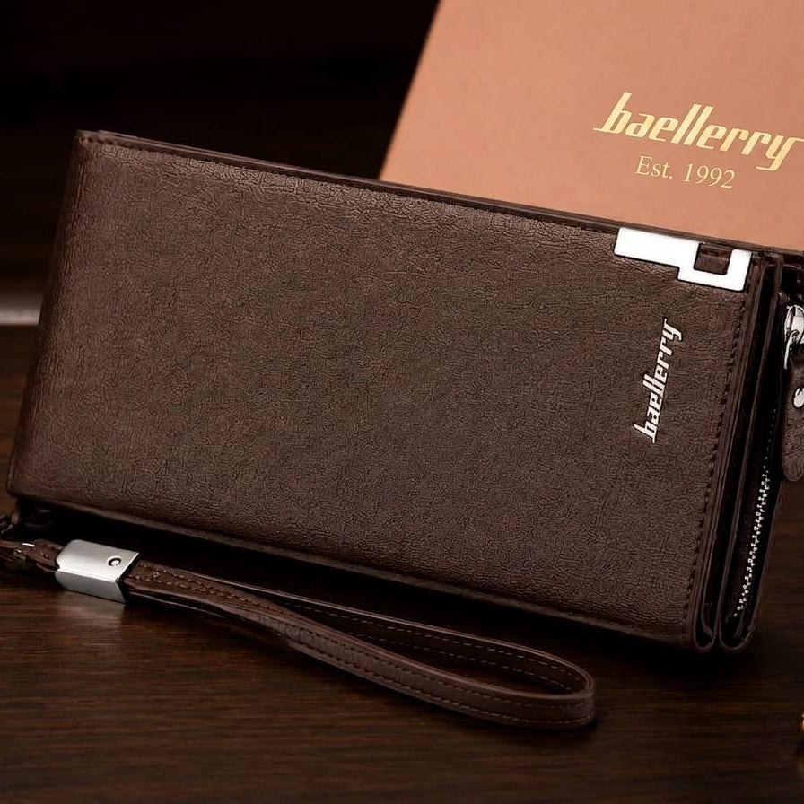 Baellerry Premium Leather Long Wallet for Men – Business Clutch Bag with Wrist Strap