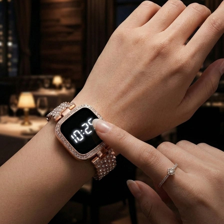 Diamond Digital LED Watch – Full Bling Rhinestone Bracelet Watch | Silver & Rose Gold