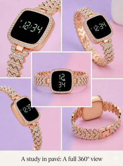 Diamond Digital LED Watch – Full Bling Rhinestone Bracelet Watch | Silver & Rose Gold