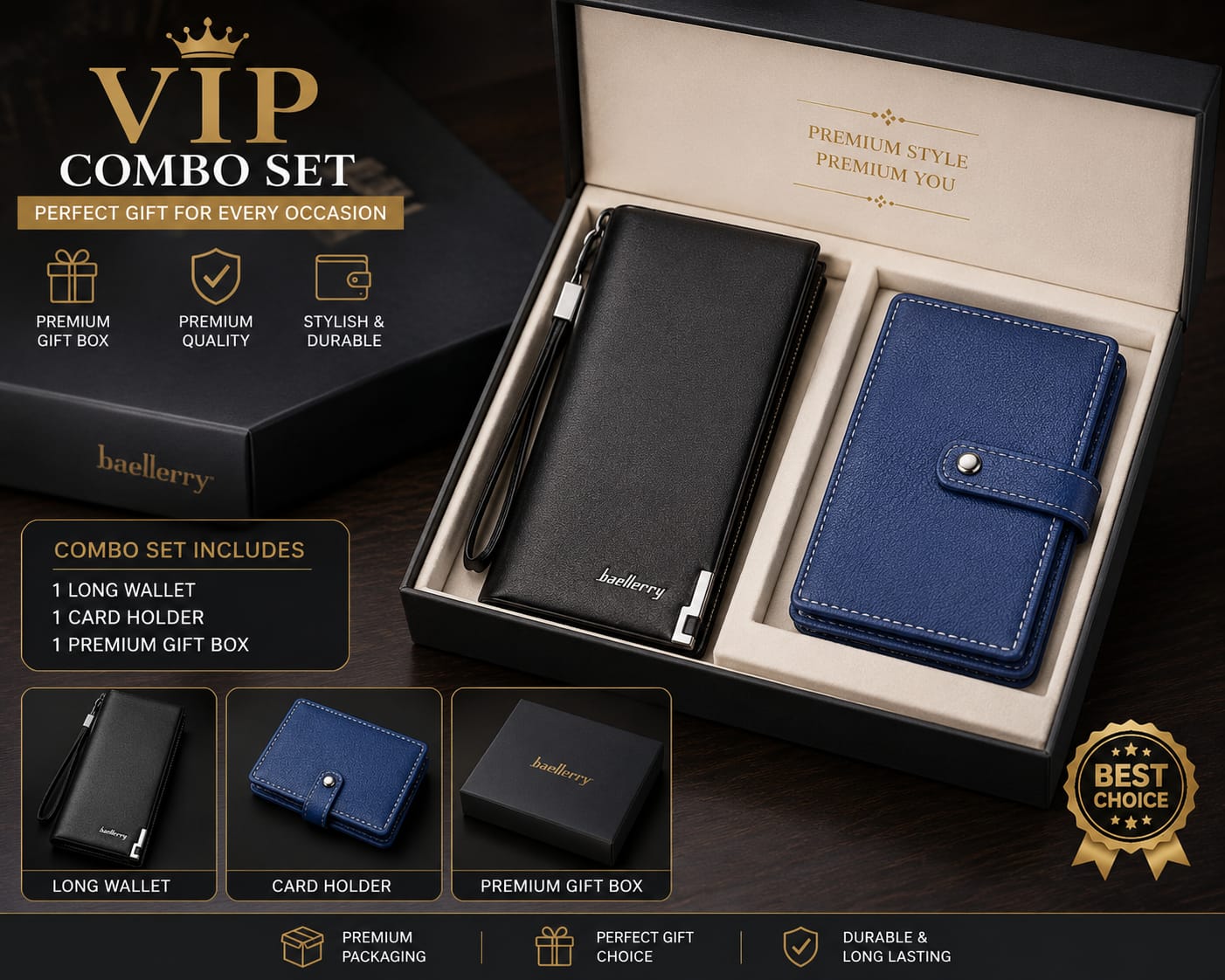 Baellerry VIP Combo Set – Men's PU Leather Long Wallet & Card Holder with Smalll wallet Free With Balisi Box