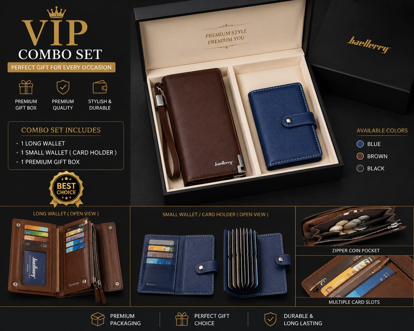 Baellerry VIP Combo Set – Men's PU Leather Long Wallet & Card Holder with Smalll wallet Free With Balisi Box