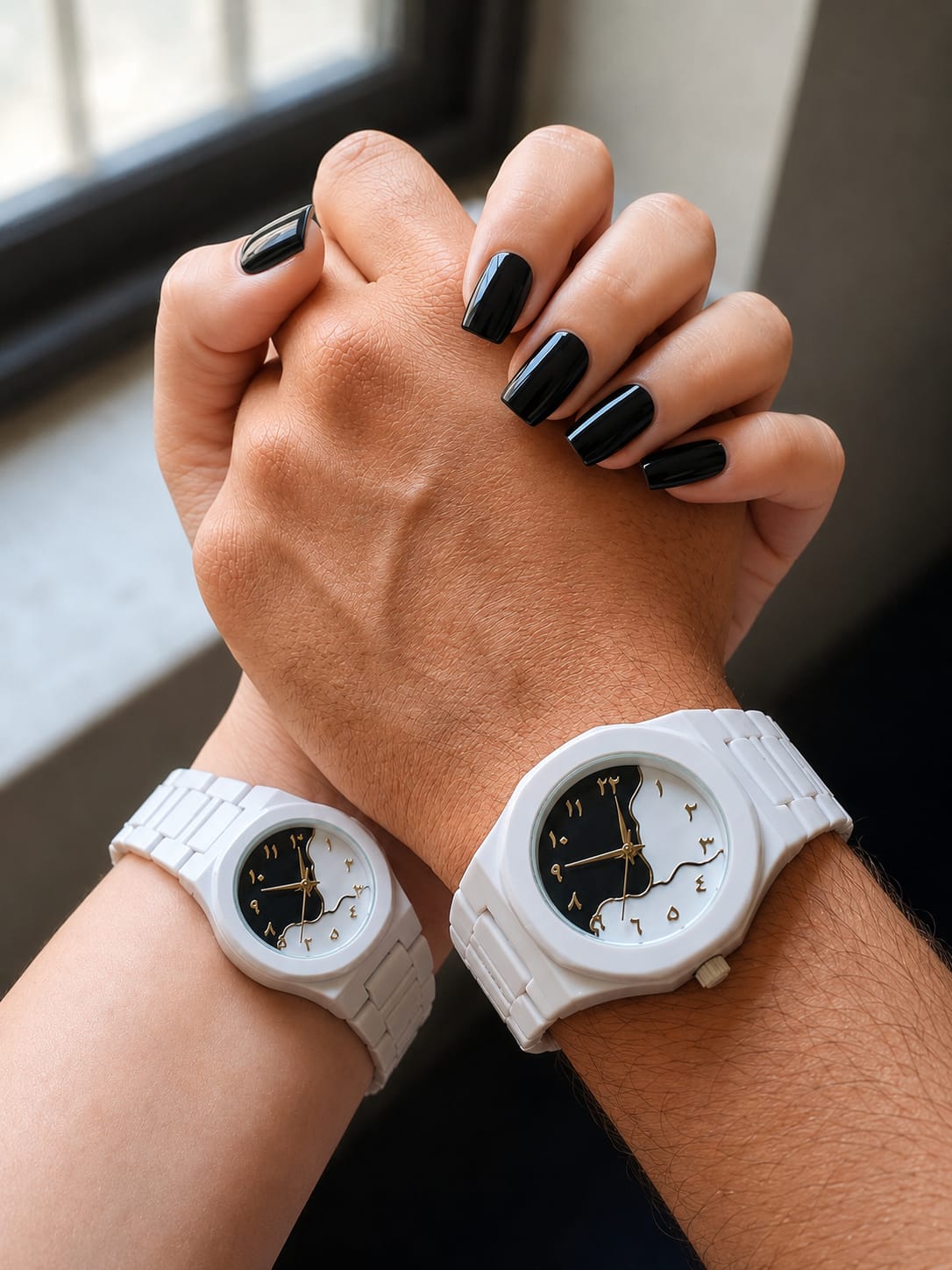Arabic Map Couple Set Watch Matching White Ceramic His & Hers Watches with Arabic Numerals
