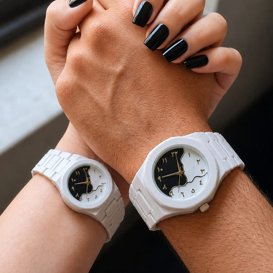 Arabic Map Couple Set Watch Matching White Ceramic His & Hers Watches with Arabic Numerals