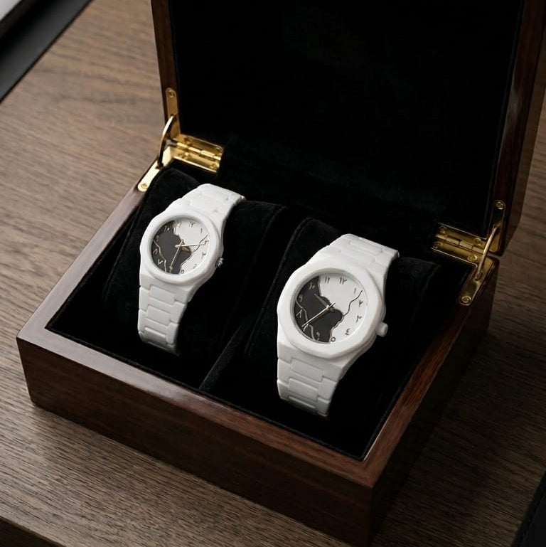 Arabic Map Couple Set Watch Matching White Ceramic His & Hers Watches with Arabic Numerals