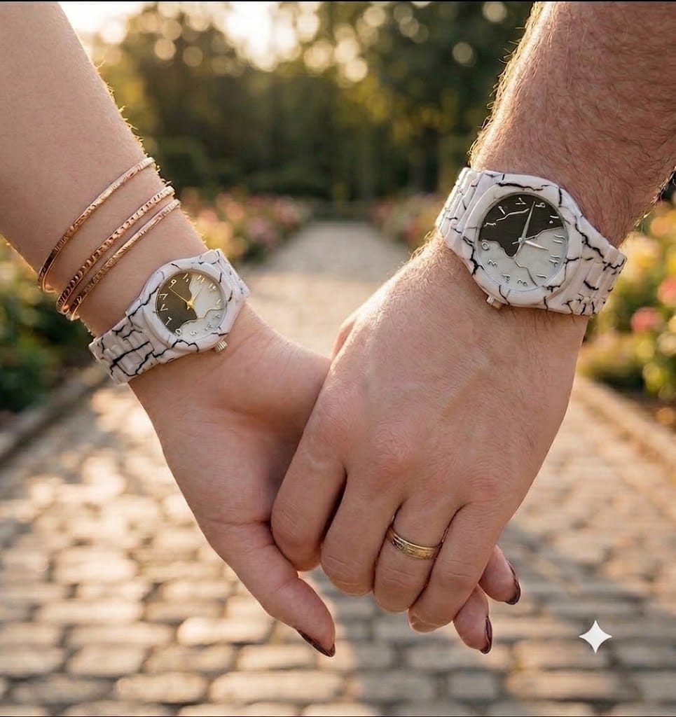 Aura Couple Watch Set – Matching Marble White Ceramic His & Hers Watches
