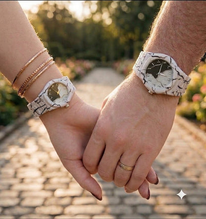 Aura Couple Watch Set – Matching Marble White Ceramic His & Hers Watches