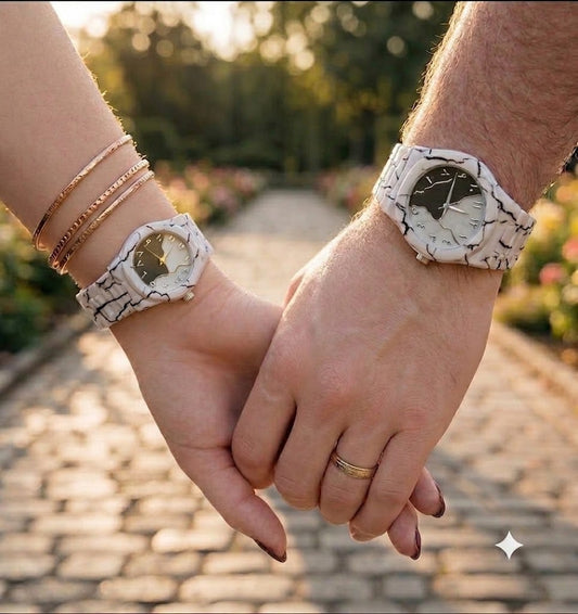 Aura Couple Watch Set – Matching Marble White Ceramic His & Hers Watches