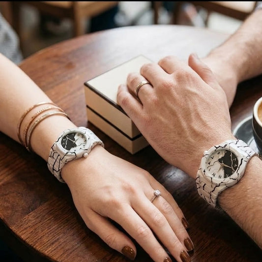 Aura Couple Watch Set – Matching Marble White Ceramic His & Hers Watches