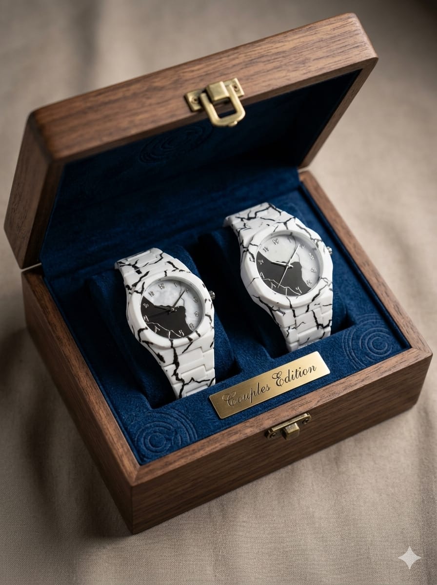 Aura Couple Watch Set – Matching Marble White Ceramic His & Hers Watches