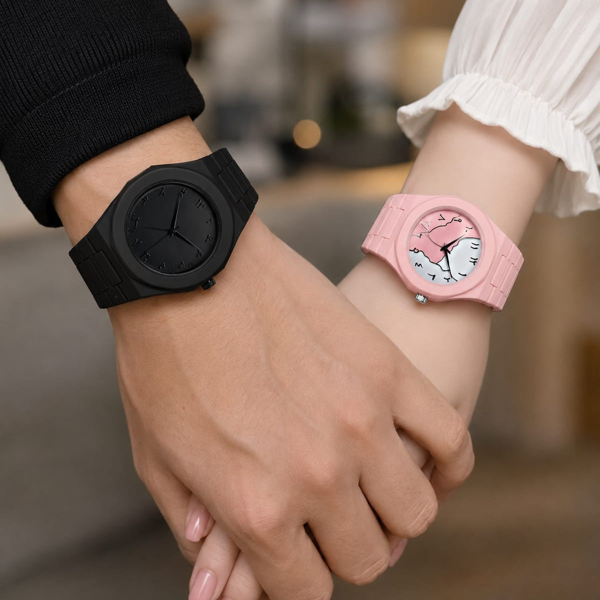 Forever Couple Set – Black & Pink His & Hers Watches with Arabic Numerals