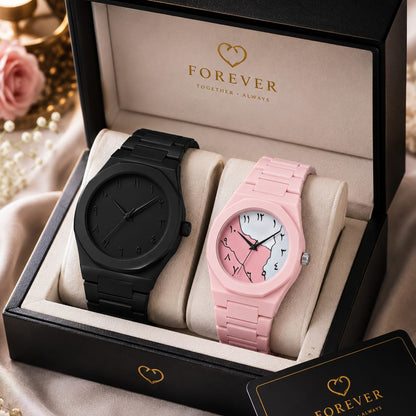 Forever Couple Set – Black & Pink His & Hers Watches with Arabic Numerals