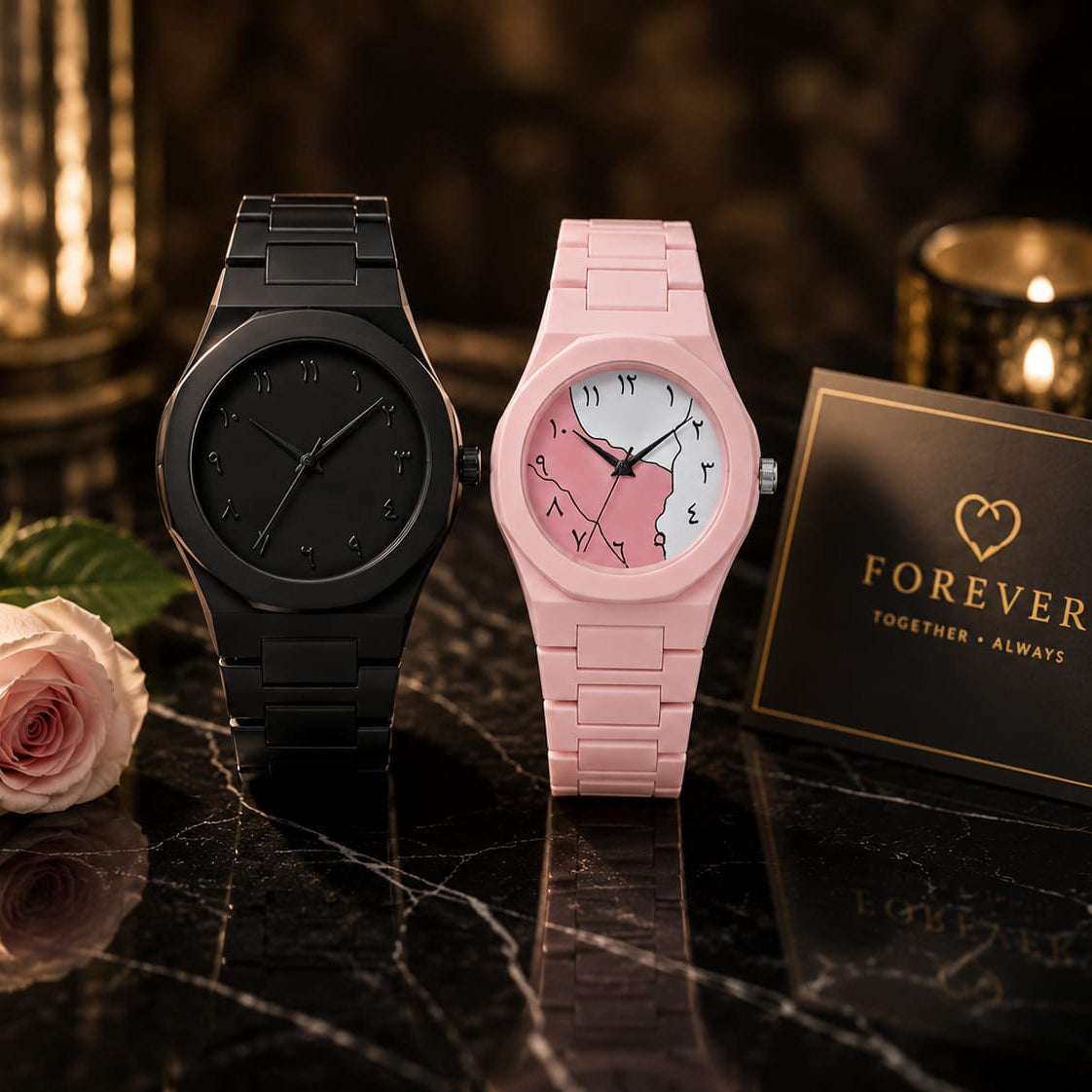 Forever Couple Set – Black & Pink His & Hers Watches with Arabic Numerals