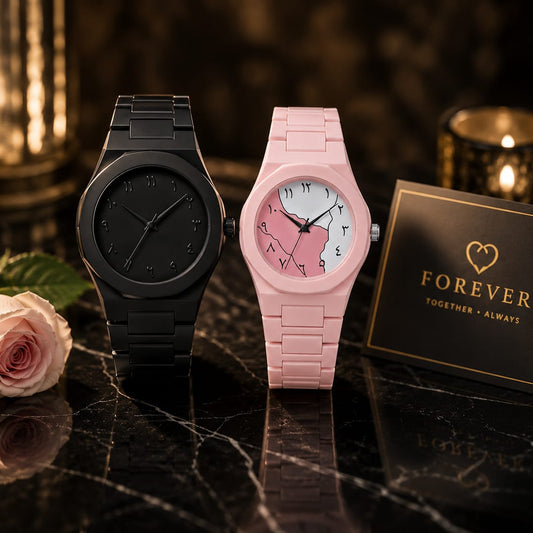 Forever Couple Set – Black & Pink His & Hers Watches with Arabic Numerals