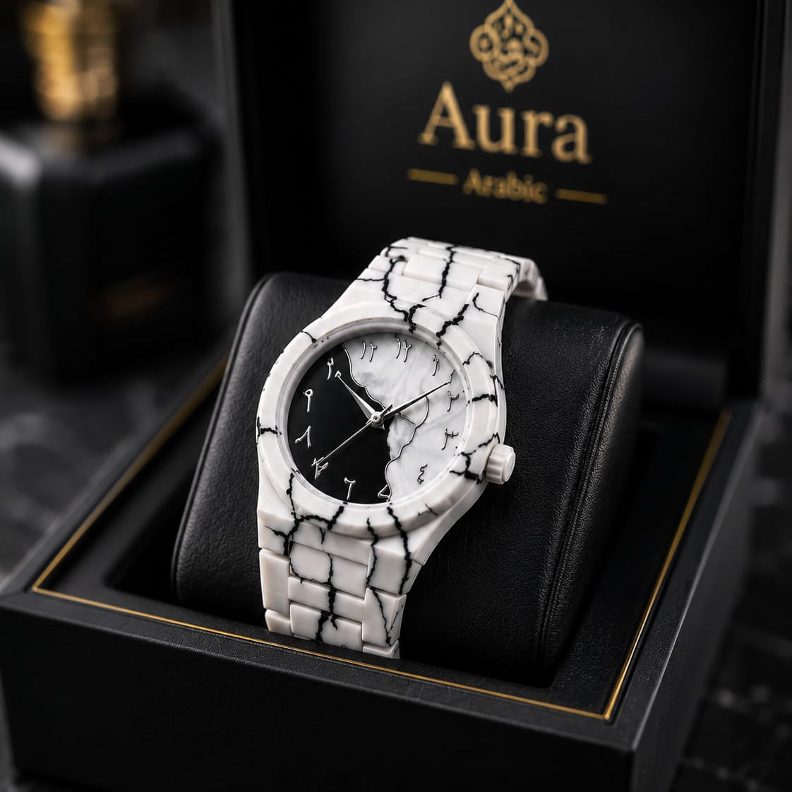 Arabic White Marble Watch White Ceramic Crackle Design with Arabic Numerals