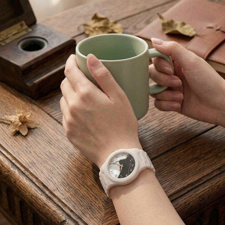 Kintsugi Arabic Map Watch Marble White Ceramic Watch with Arabic Numerals