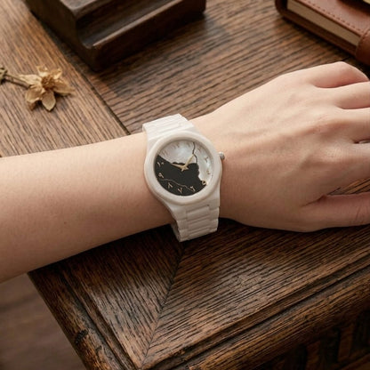 Kintsugi Arabic Map Watch Marble White Ceramic Watch with Arabic Numerals